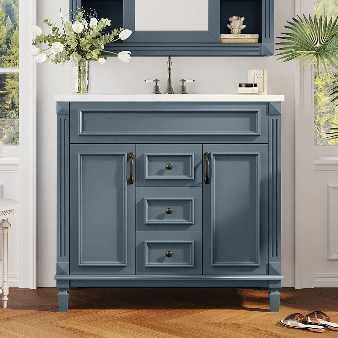 36'' Modern Bathroom Vanity with Top Sink and Mirror Cabinet,2 Doors and 2 Drawers