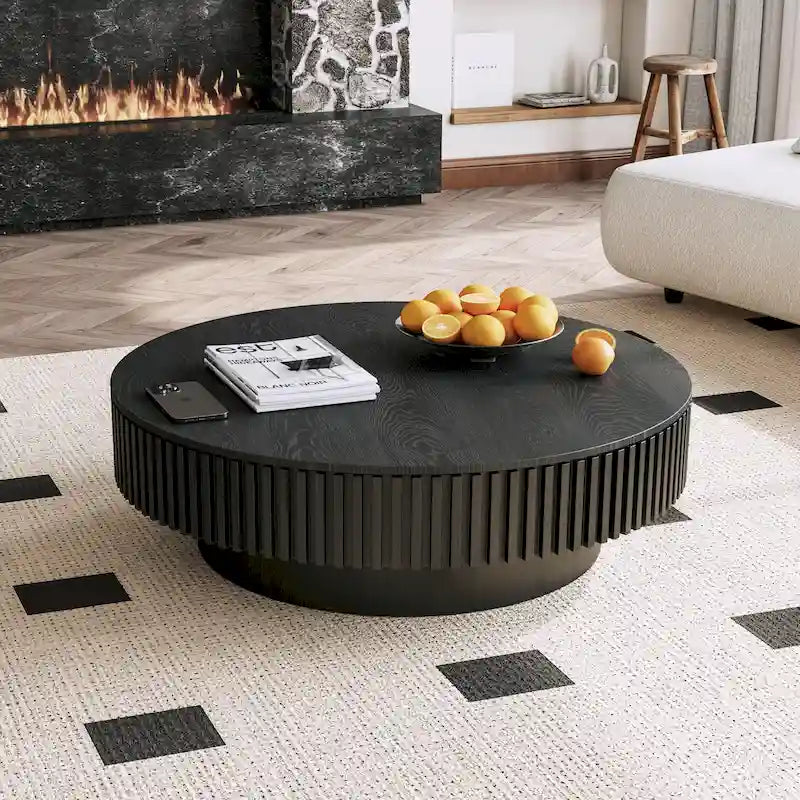 Modern Solid Wood Veneered Round Coffee Tea Table with Storage