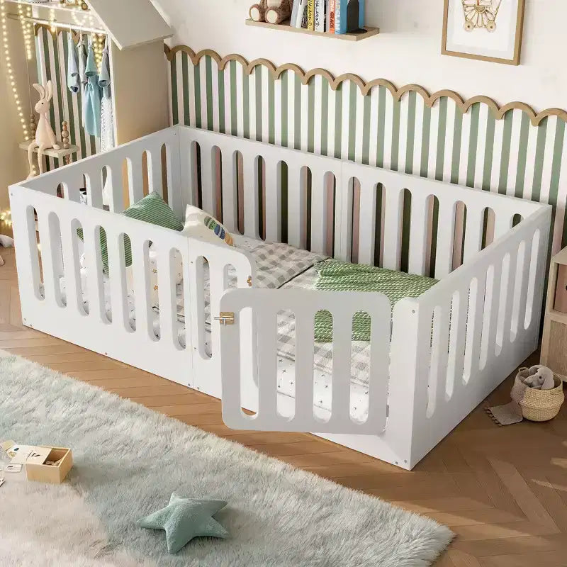 White Twin Montessori Floor Bed with Fence Rails & Door ??Solid Wood, 1 Child