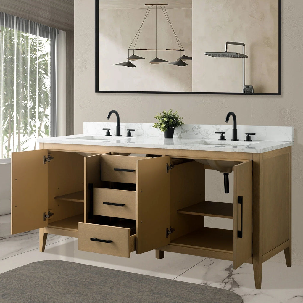 Vanity Art 72 Double Sink Bathroom Vanity Cabinet with Engineered Marble Top