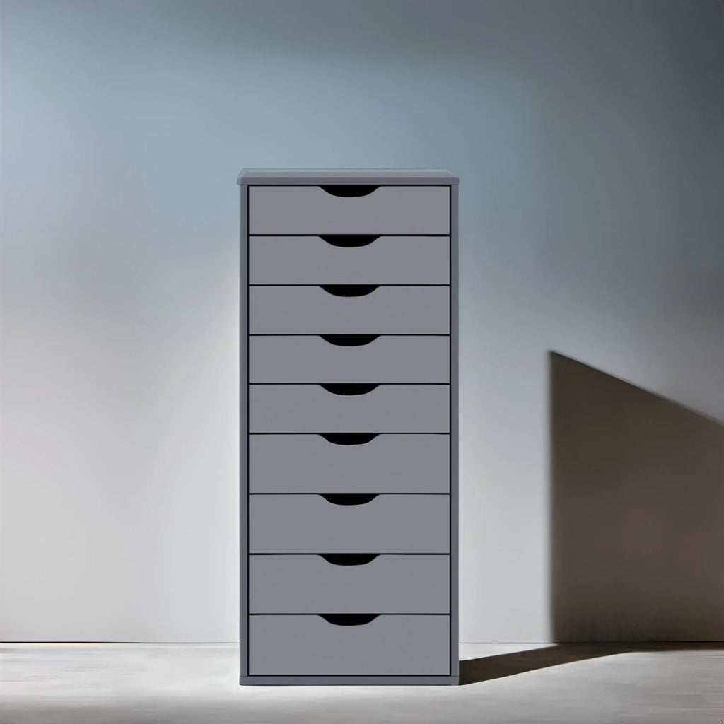 Narrow Wooden 9-Drawer Cabinet with Smooth-Glide Drawers and Top Storage Shelf