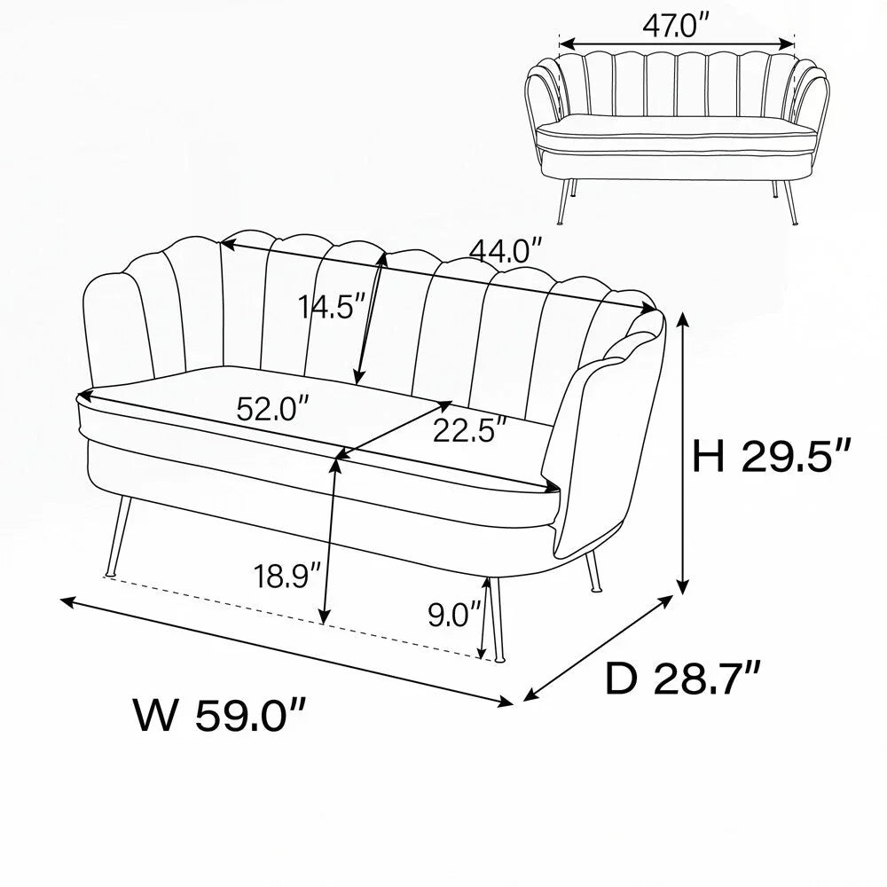 Small Mini Room Couch Two-Seater Sofa with Gold Metal Leg - 2 Seat