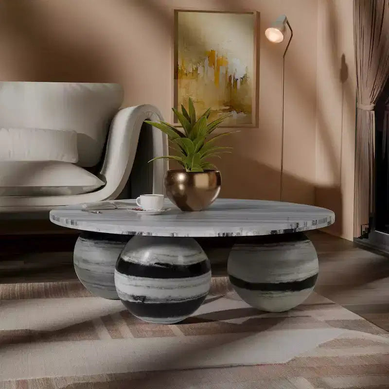 Round Marble Coffee Table with Sphere Legs, Multicolor, Seats 4??