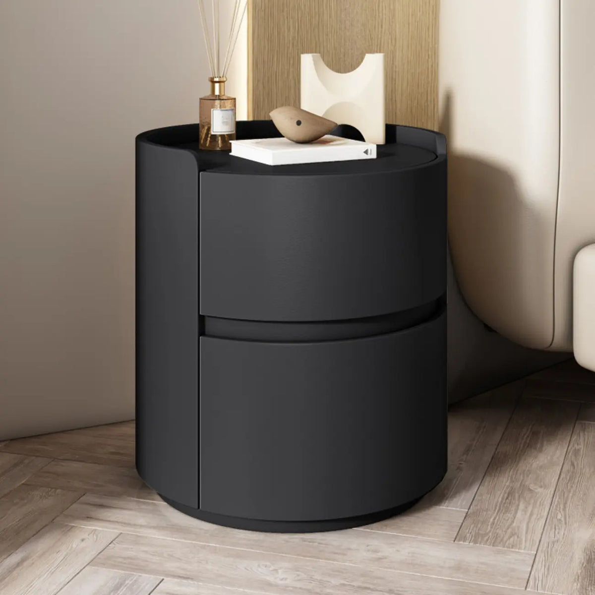 Modern Leather Tray Round 2-Drawer Nightstand