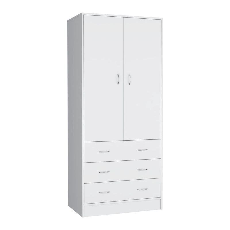 19 Modern Double-door Armoire with 3 Drawers and 1 Hanging Rod for Bedroom