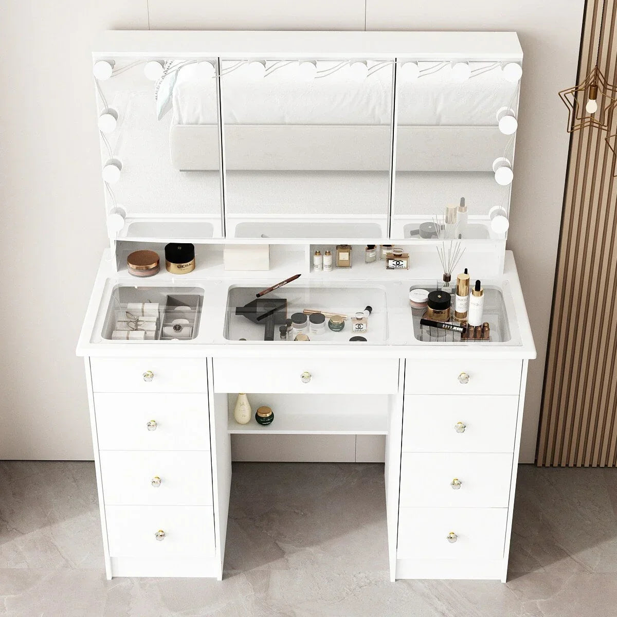 Makeup Vanity w/Tri-Fold Mirror Certified Lighting Glass Top Dresser