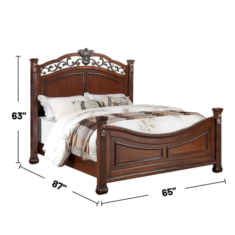 Wooden Bed with Crafted Headboard in Dark Cherry