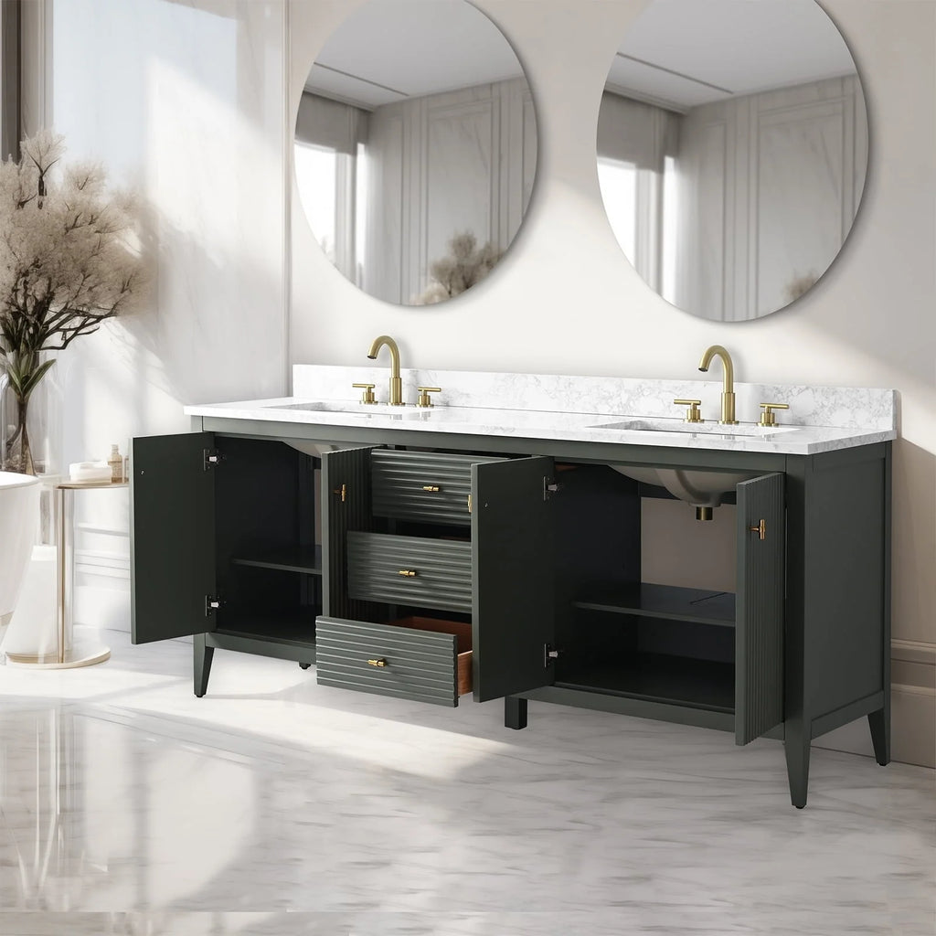 Vanity Art 72 Double Sink Bathroom Vanity Cabinet with Engineered Marble Top