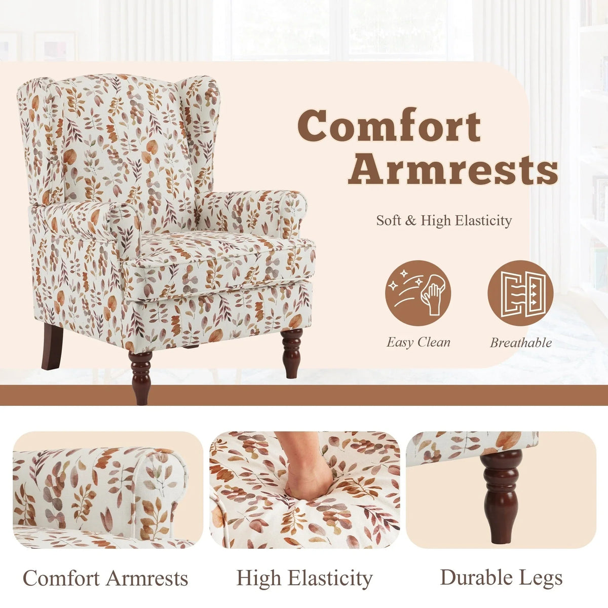 Erommy Modern Accent Chair, High Back Armchair, Upholstered Fabric Button Single Sofa with Wooden Legs for Living Room