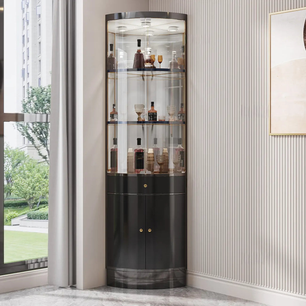 Multiple Levels Glass and Metal Shelf Storage Display Corner Wine Cabinet