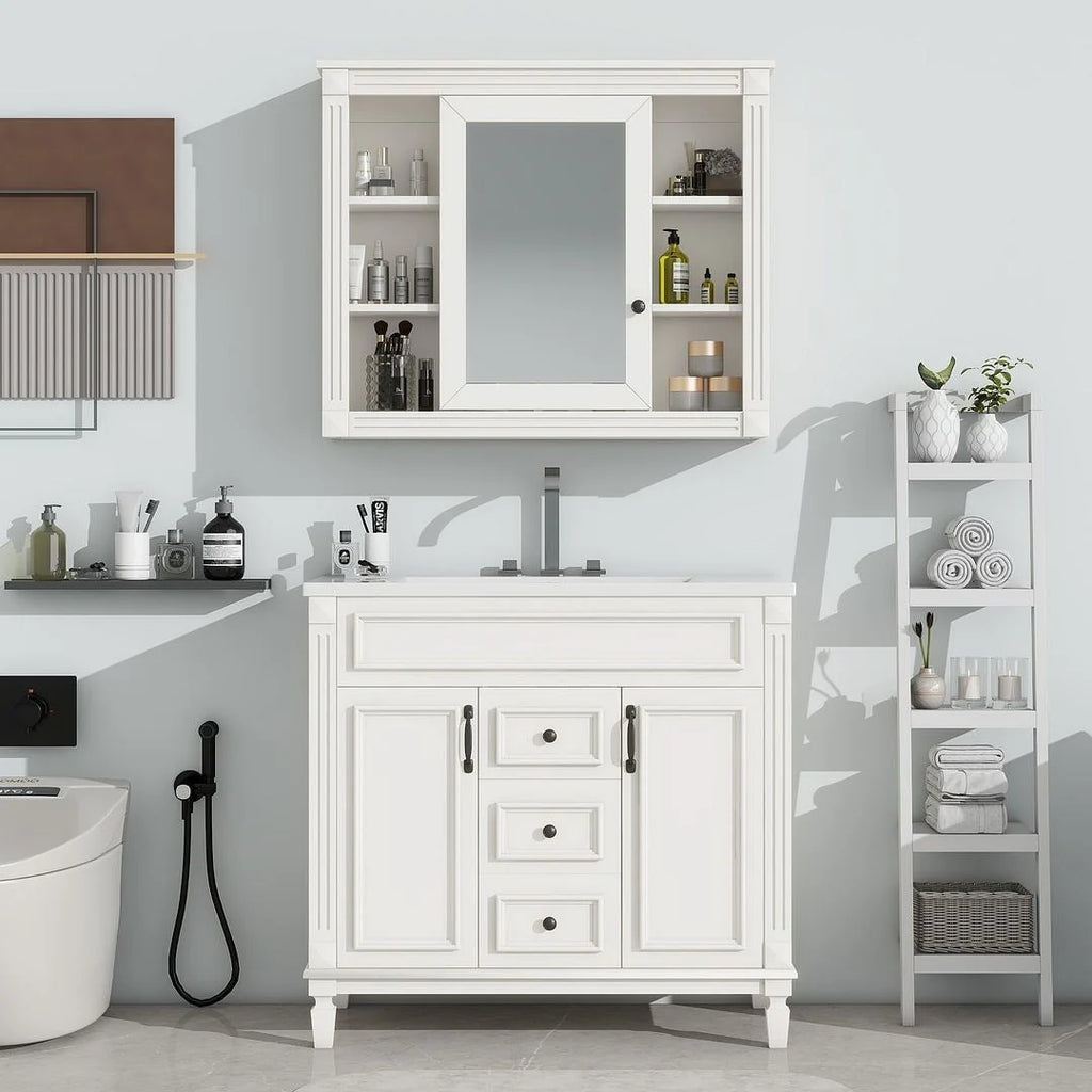 36'' Modern Bathroom Vanity with Top Sink and Mirror Cabinet,2 Doors and 2 Drawers