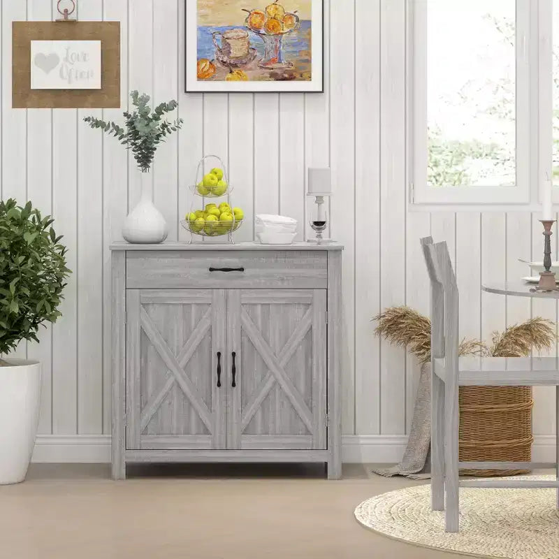 HOMCOM Buffet de style porte de grange 32", armoire de rangement pour bar à café, meuble d'entrée ou de salon