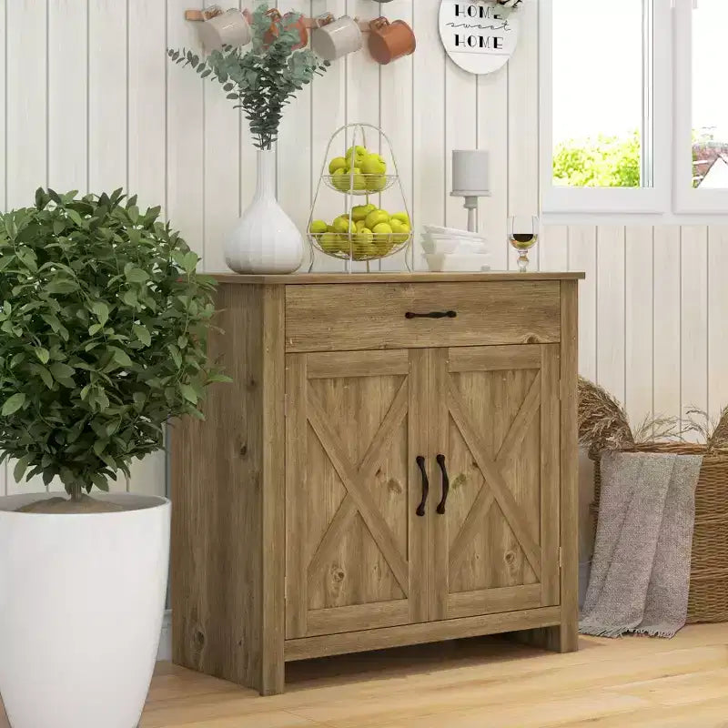 HOMCOM Buffet de style porte de grange 32", armoire de rangement pour bar à café, meuble d'entrée ou de salon