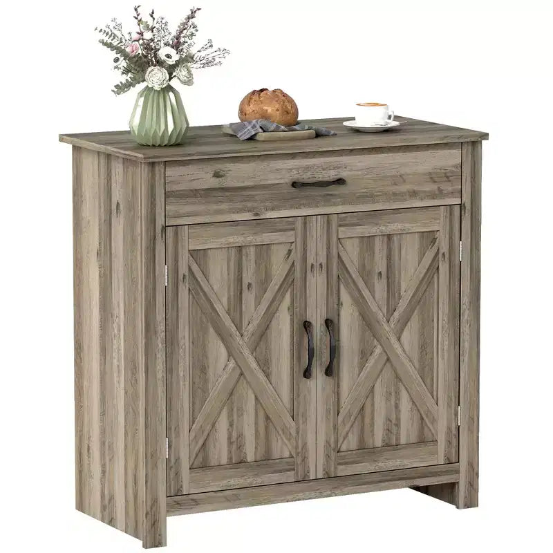 HOMCOM 32 Farmhouse Barn Door Style Sideboard, Buffet Storage Cabinet Coffee Bar for Living Room or Entryway