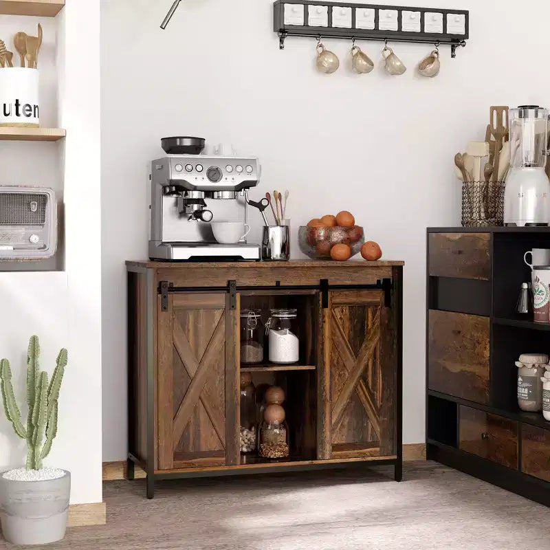 HOMCOM Madia Industriale, Credenza con Ante Scorrevoli in Stile Rustico, Mobile Contenitore con Ripiani Regolabili per Soggiorno, Mobile Bar, Marrone Rustico