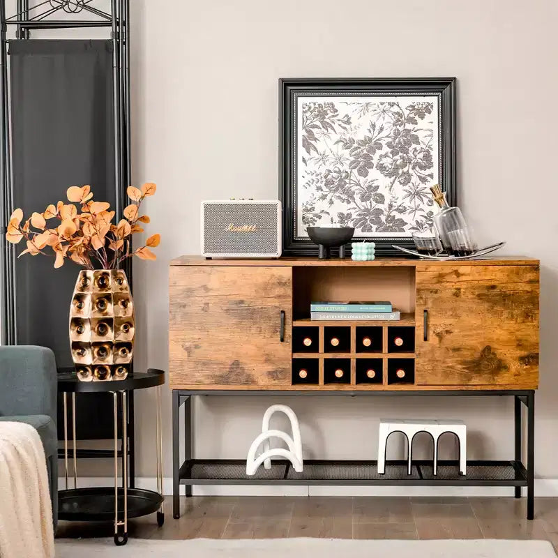 Costway Credenza da Cucina Industriale con Buffet, Tavolo Console a 2 Ante con Scaffale Aperto e Portabottiglie