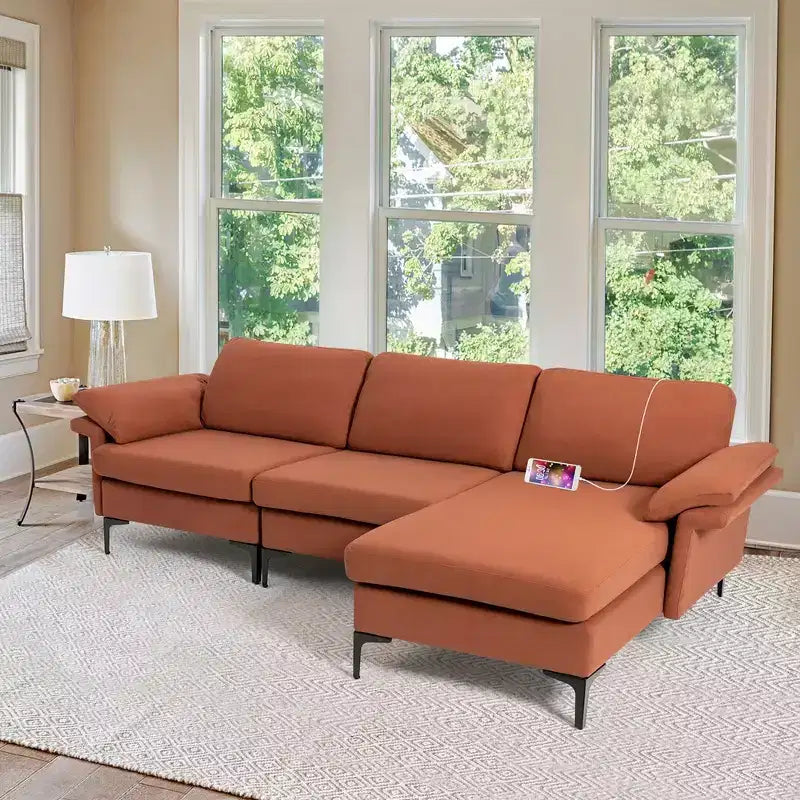 Divano Sezionale Modulare Moderno a L Costway con Chaise Longue Reversibile e 2 Porte USB