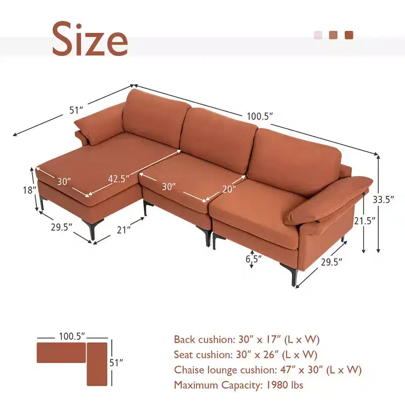 Divano Sezionale Modulare Moderno a L Costway con Chaise Longue Reversibile e 2 Porte USB
