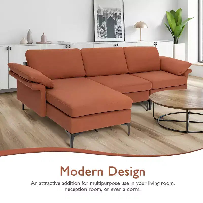 Divano Sezionale Modulare Moderno a L Costway con Chaise Longue Reversibile e 2 Porte USB
