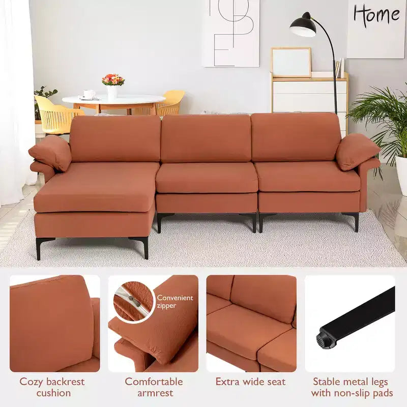 Divano Sezionale Modulare Moderno a L Costway con Chaise Longue Reversibile e 2 Porte USB
