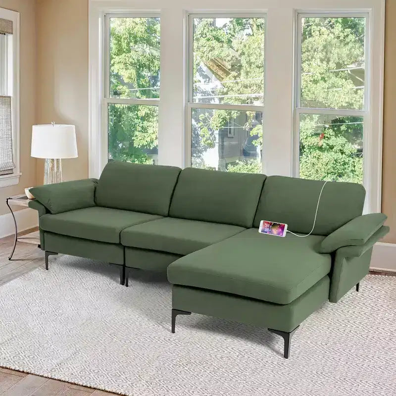Divano Sezionale Modulare Moderno a L Costway con Chaise Longue Reversibile e 2 Porte USB