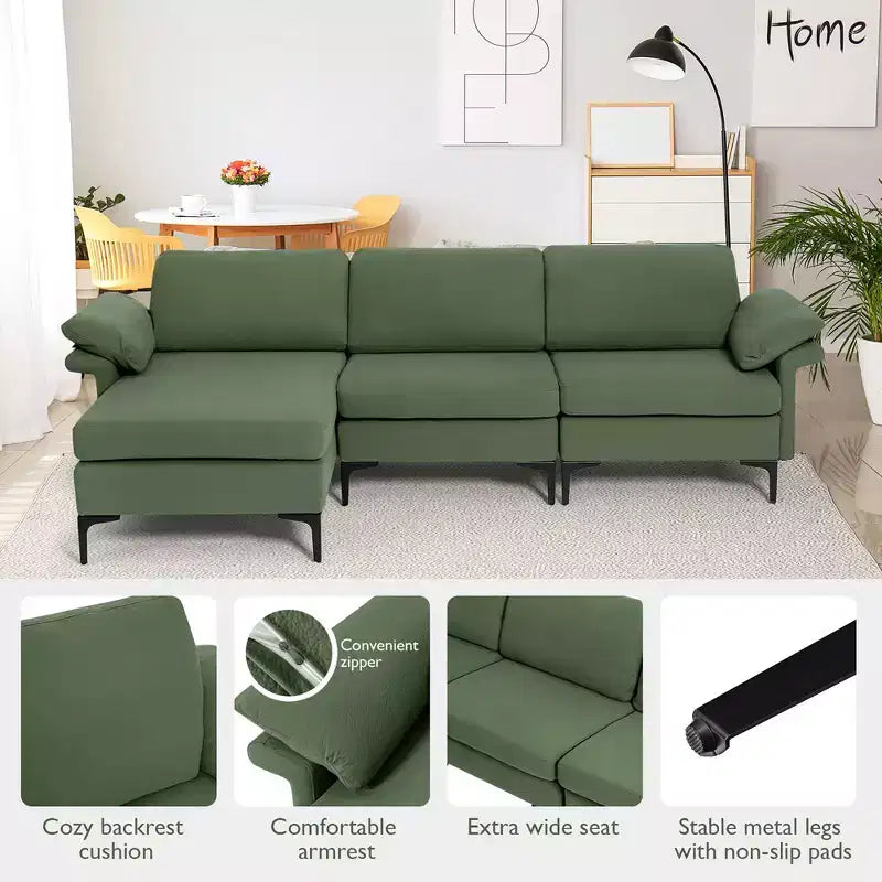 Divano Sezionale Modulare Moderno a L Costway con Chaise Longue Reversibile e 2 Porte USB