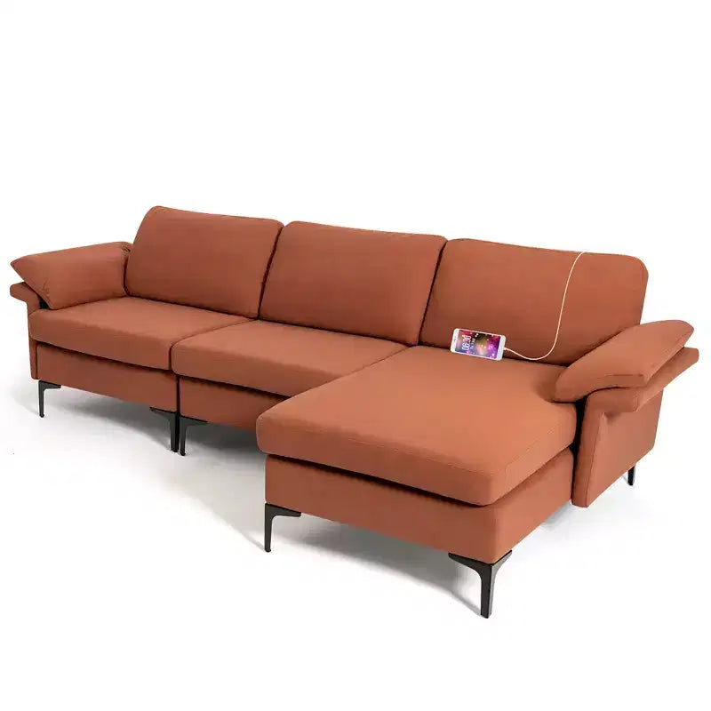 Divano Sezionale Modulare Moderno a L Costway con Chaise Longue Reversibile e 2 Porte USB
