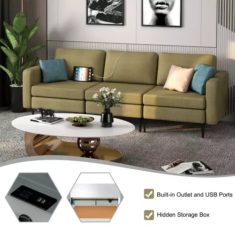 Divano componibile a 3 posti Costway con prese USB e tasca laterale arancione/grigio scuro