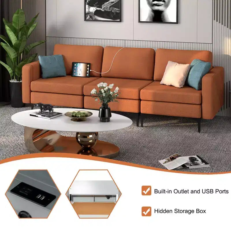 Divano componibile a 3 posti Costway con prese USB e tasca laterale arancione/grigio scuro