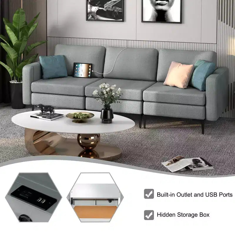 Divano componibile a 3 posti Costway con prese USB e tasca laterale arancione/grigio scuro