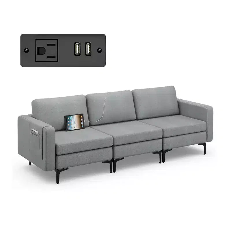 Costway Modular 3-Seat Sofa Couch w/ Socket USB Ports & Side Storage Pocket Orange\Dark Grey