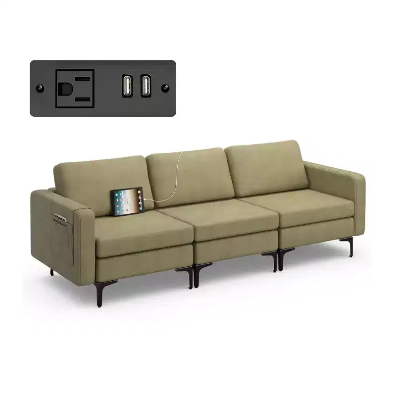 Divano componibile a 3 posti Costway con prese USB e tasca laterale arancione/grigio scuro