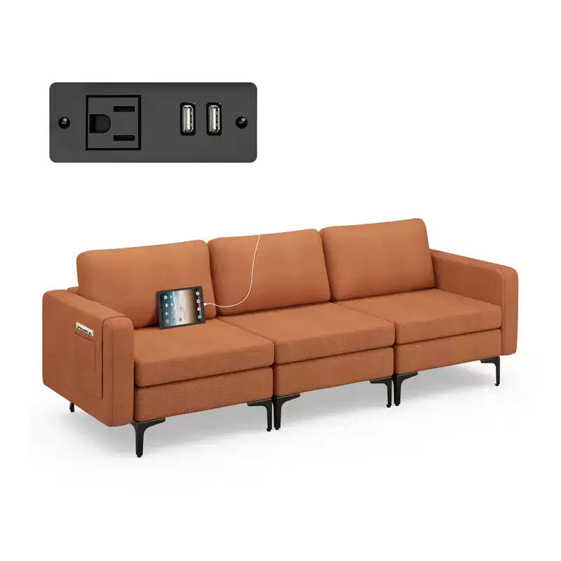 Divano componibile a 3 posti Costway con prese USB e tasca laterale arancione/grigio scuro