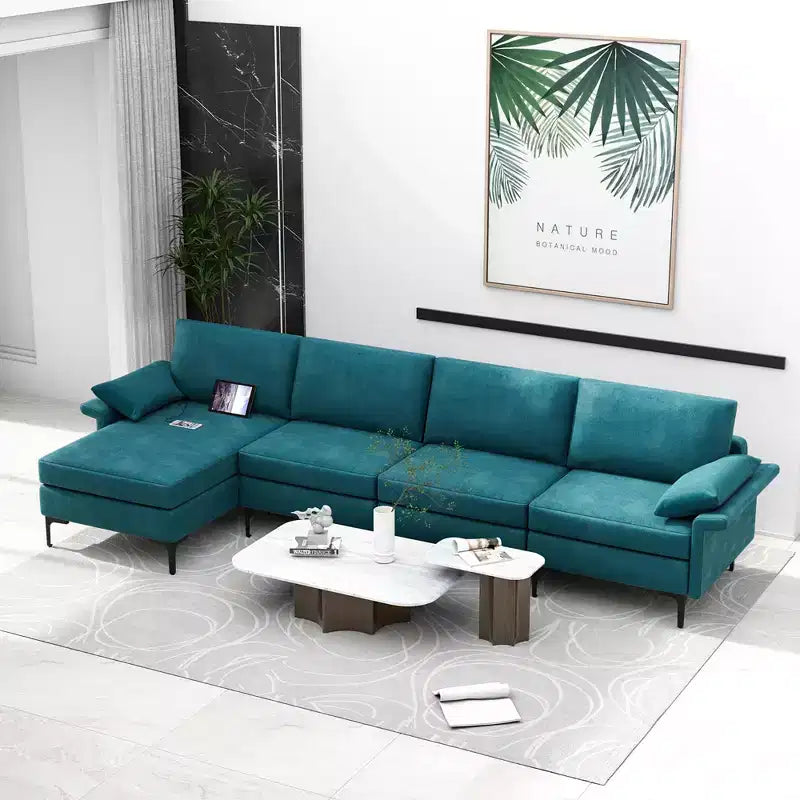 Divano Sezionale Moderno Modulare a L Costway con Chaise Longue Reversibile e 2 Porte USB