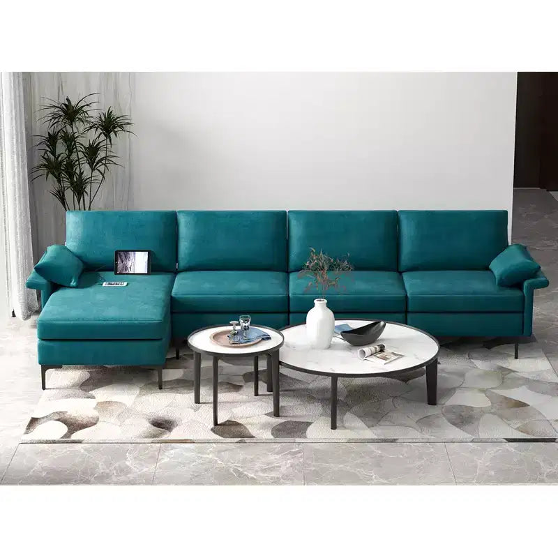 Divano Sezionale Moderno Modulare a L Costway con Chaise Longue Reversibile e 2 Porte USB