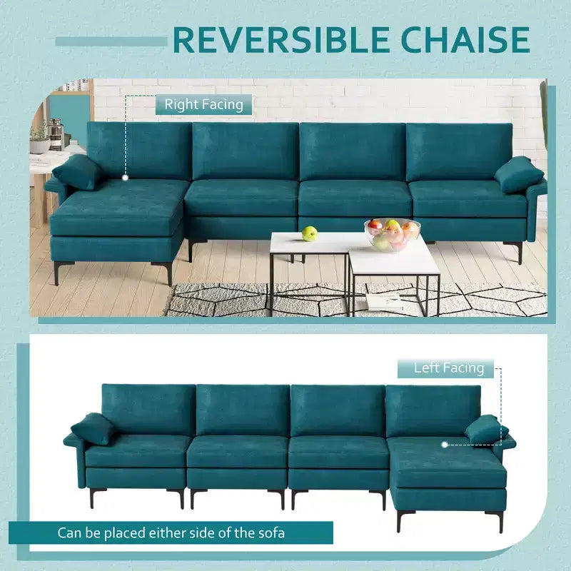 Divano Sezionale Moderno Modulare a L Costway con Chaise Longue Reversibile e 2 Porte USB