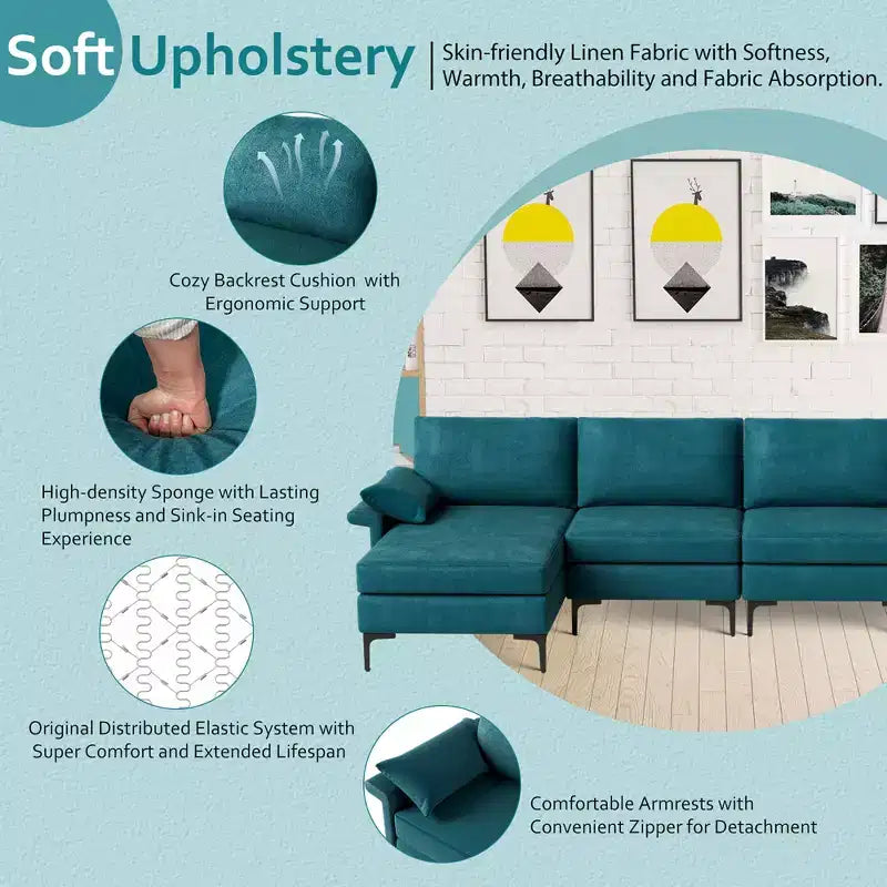 Divano Sezionale Moderno Modulare a L Costway con Chaise Longue Reversibile e 2 Porte USB