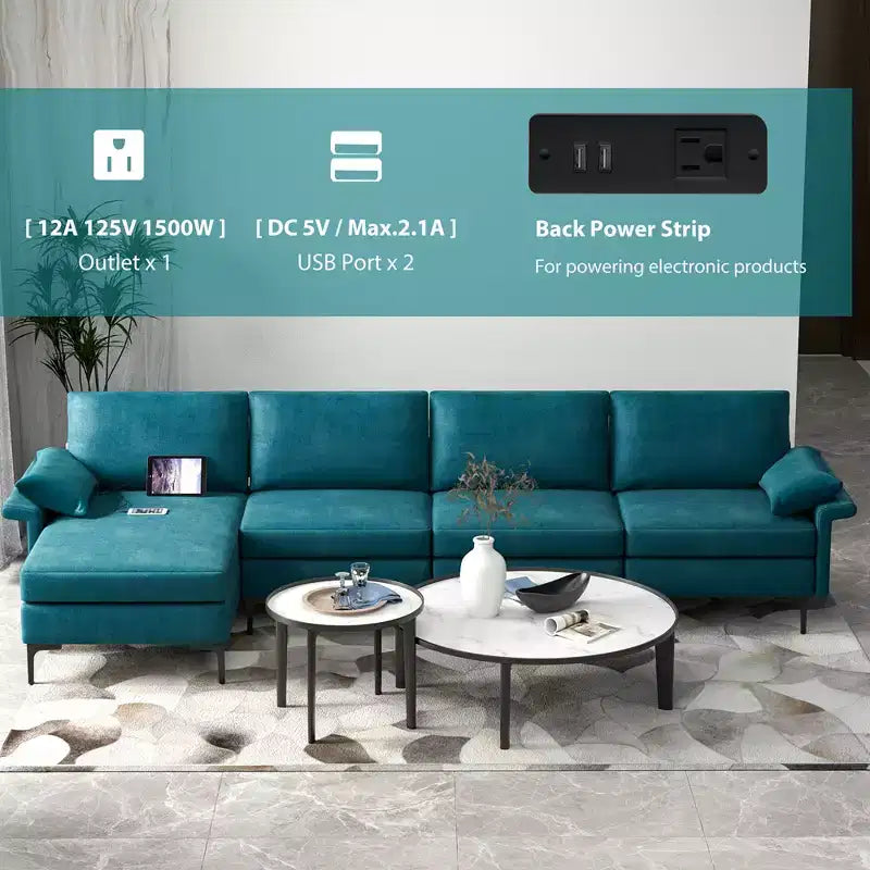 Divano Sezionale Moderno Modulare a L Costway con Chaise Longue Reversibile e 2 Porte USB