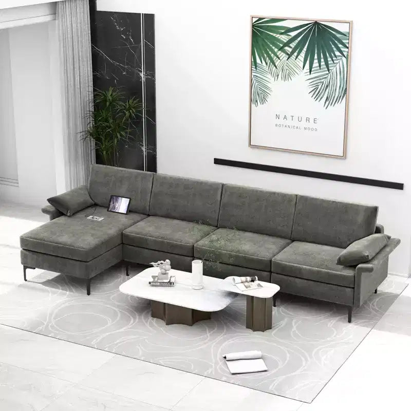 Divano Sezionale Moderno Modulare a L Costway con Chaise Longue Reversibile e 2 Porte USB
