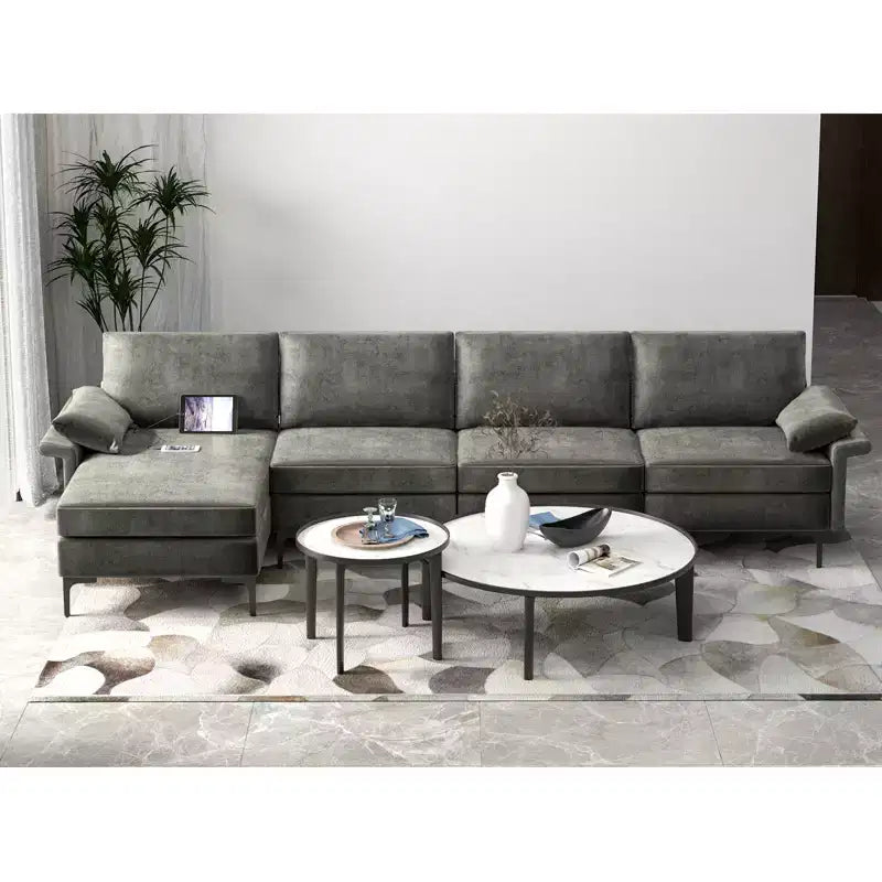 Divano Sezionale Moderno Modulare a L Costway con Chaise Longue Reversibile e 2 Porte USB