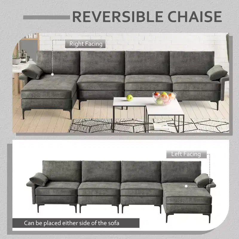Divano Sezionale Moderno Modulare a L Costway con Chaise Longue Reversibile e 2 Porte USB