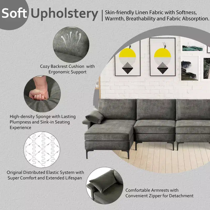 Divano Sezionale Moderno Modulare a L Costway con Chaise Longue Reversibile e 2 Porte USB