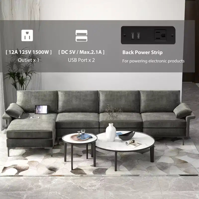 Divano Sezionale Moderno Modulare a L Costway con Chaise Longue Reversibile e 2 Porte USB