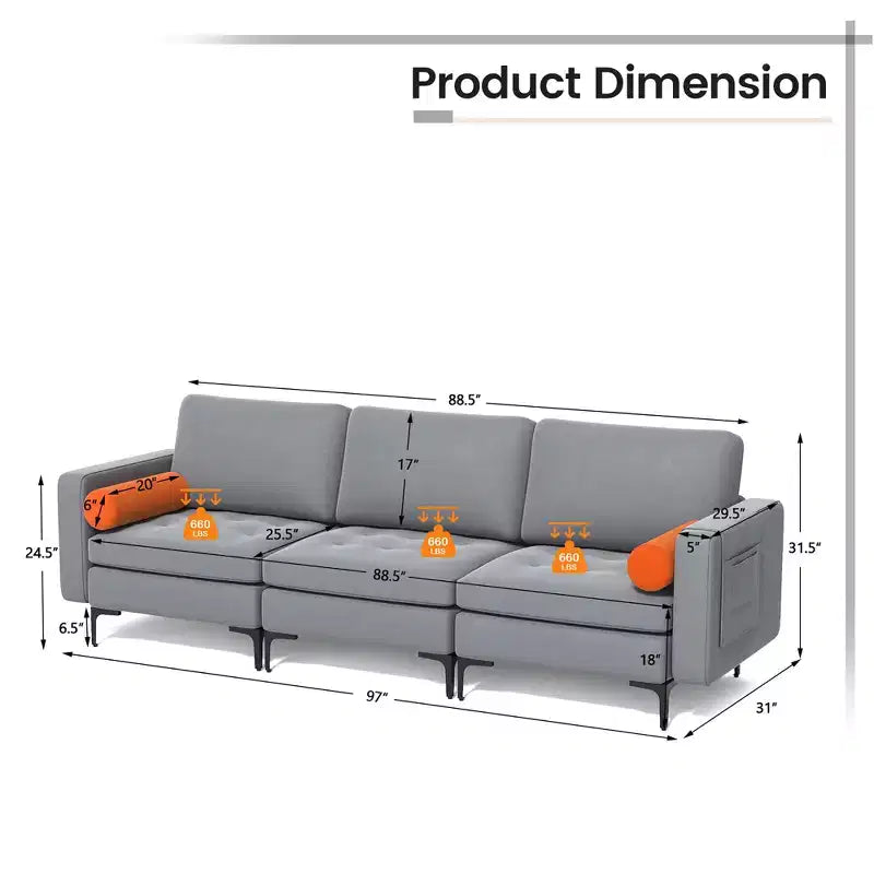 Costway Canapé Modulable 3 Places avec Prises USB et Pochette de Rangement Latérale Gris Cendré