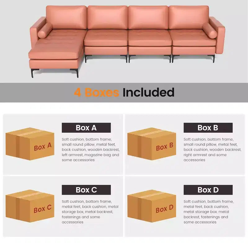Divano componibile a L Costway con chaise longue reversibile e 4 porte USB Rosa Corallo/Grigio