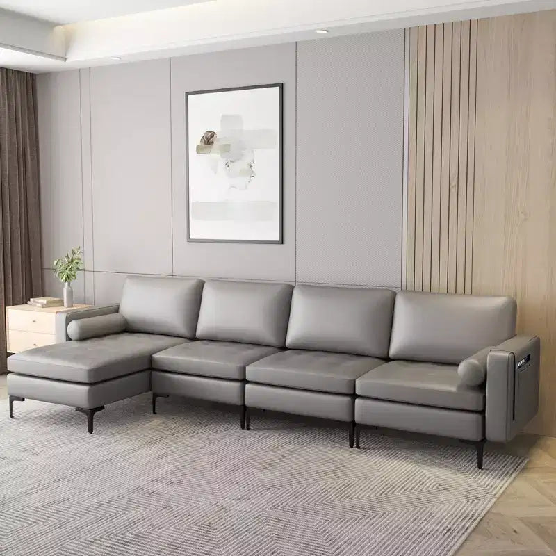 Divano componibile a L Costway con chaise longue reversibile e 4 porte USB Rosa Corallo/Grigio