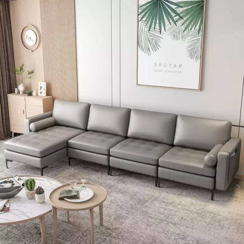 Divano componibile a L Costway con chaise longue reversibile e 4 porte USB Rosa Corallo/Grigio