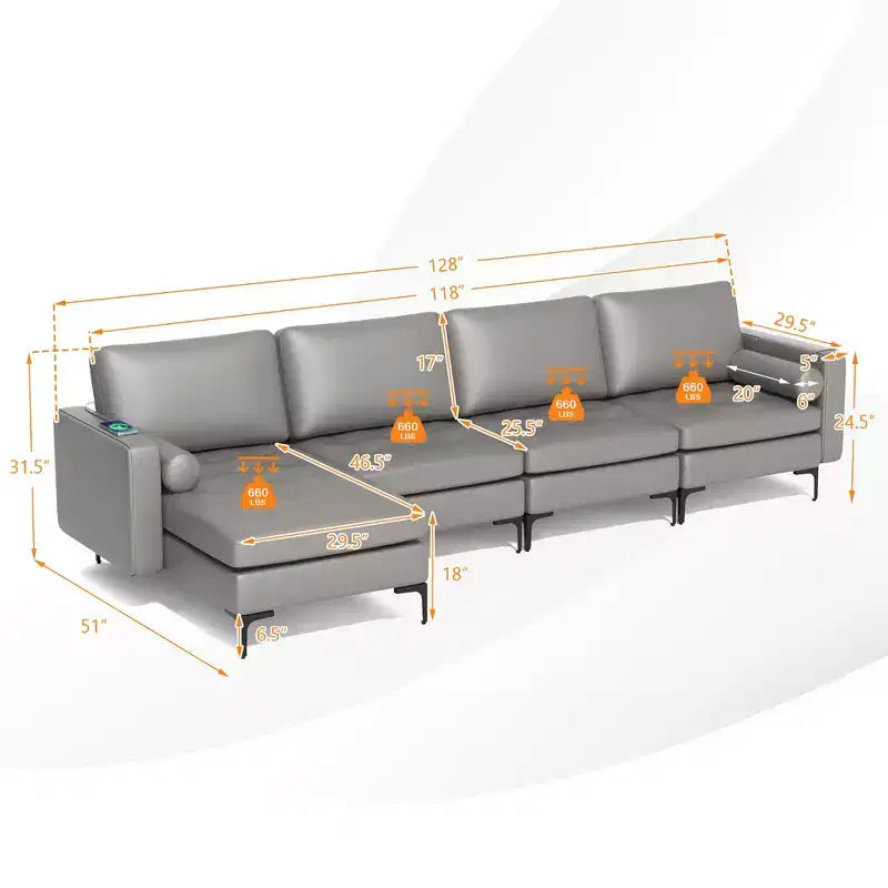 Divano componibile a L Costway con chaise longue reversibile e 4 porte USB Rosa Corallo/Grigio