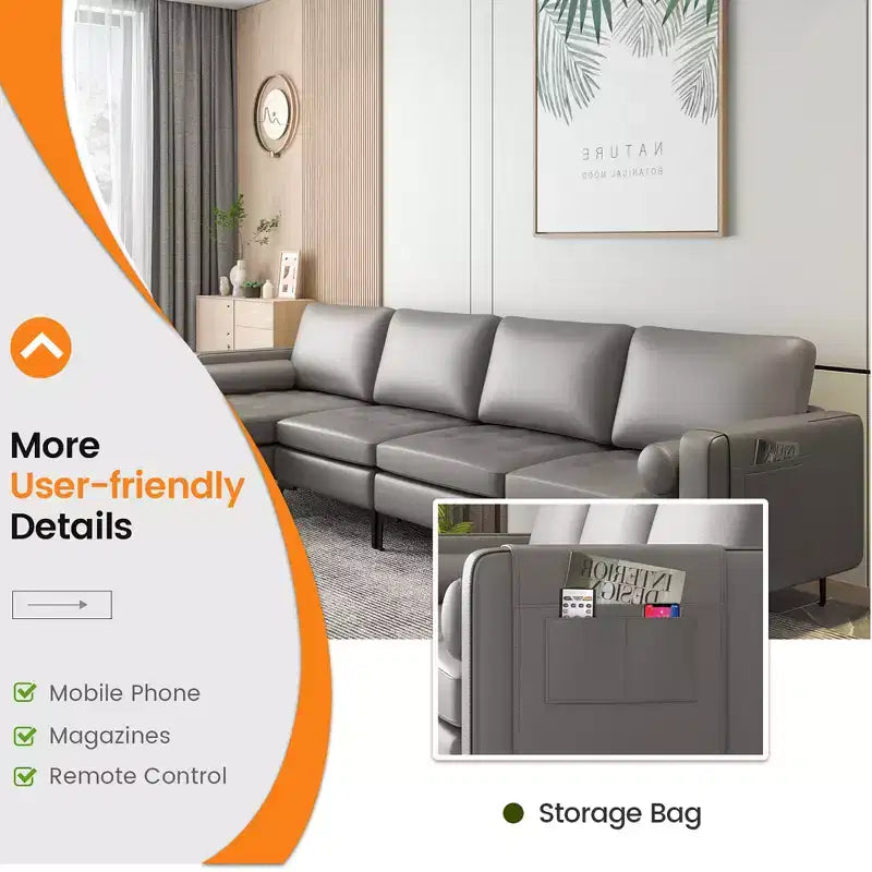 Divano componibile a L Costway con chaise longue reversibile e 4 porte USB Rosa Corallo/Grigio