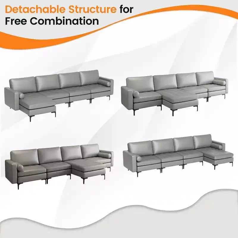 Divano componibile a L Costway con chaise longue reversibile e 4 porte USB Rosa Corallo/Grigio